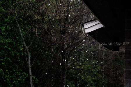 屋檐滴水，雨落林间