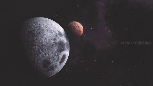 月球与红色小行星的太空相遇