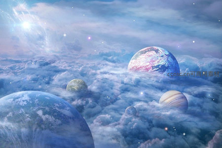 梦幻云海中的多颗彩色星球