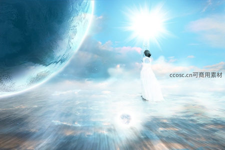 白衣女子仰望太阳与星球