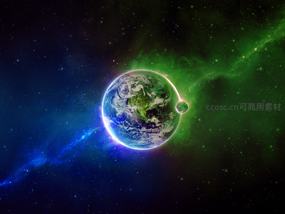 绿色星云环绕下的地球与月球