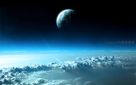 高空俯瞰地球与云海，火箭划过天际