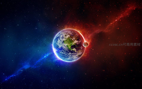 地球与月球置身绚烂星云的宇宙奇观