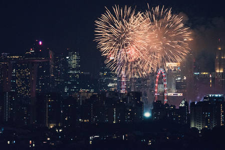 夜空烟花绽放，城市天际线璀璨夺目
