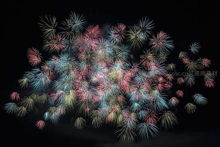 多色烟花齐放点亮漆黑夜空