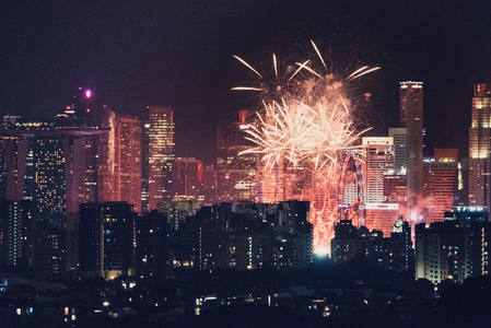 摩天轮旁的城市烟花盛景