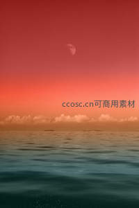血色苍穹，弯月悬于静谧海面