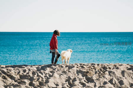 少年与爱犬眺望无垠碧海