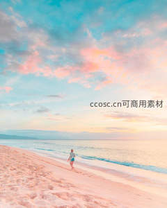 粉蓝云海下，独行沙滩影