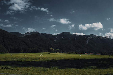 山谷牧场与巍峨山峦，光影交错的壮丽