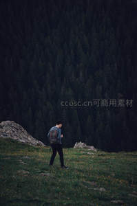 背包客独自漫步在苍翠森林前的草坡