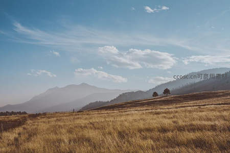 金色草原与远山在薄雾中相映