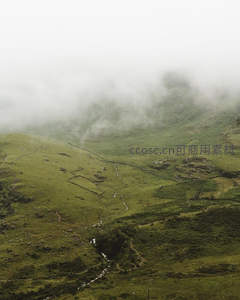 云雾缭绕的翠绿山谷与溪流
