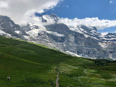 雪山脚下绿草如茵小径蜿蜒