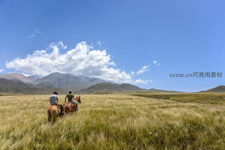草原上两人骑马远眺连绵山脉