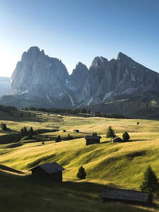 阿尔卑斯山脚下的绿色牧场与木屋
