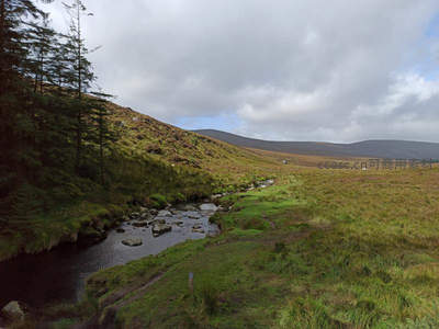 溪流蜿蜒穿行于山间草地