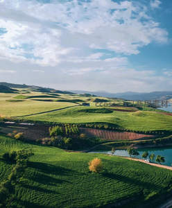 碧绿田野与湖泊相映，俯瞰如画田园