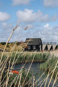 水边黑屋与芦苇荡风景