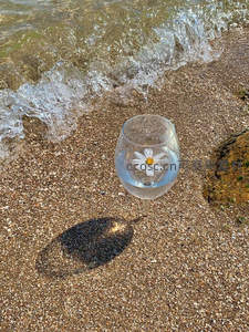 海浪边玻璃杯中的雏菊静物