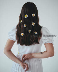 长发少女背影，发间点缀雏菊