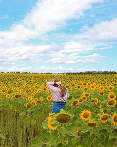 女孩背影伫立无垠向日葵花海