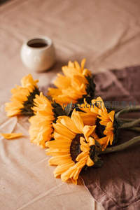 床榻上的向日葵花束，温馨静谧的生活场景