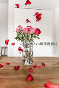 飞舞玫瑰花瓣，玻璃瓶中花束温馨场景