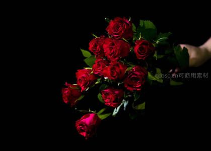 深红玫瑰花束在黑暗中绽放的浪漫