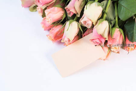 粉色玫瑰花束与空白卡片的浪漫留白