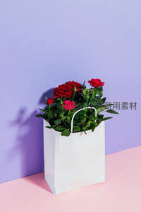 红色玫瑰盛放在白色纸袋内