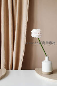 素雅白花置案头，暖帘相伴显温馨格调