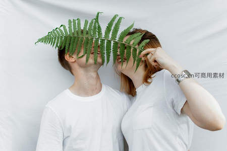 情侣共持蕨叶，温馨浪漫瞬间