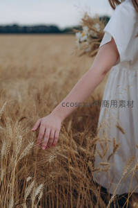 少女轻抚金黄麦穗，秋日田野诗意盎然