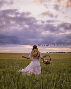 草帽少女提篮漫步麦田