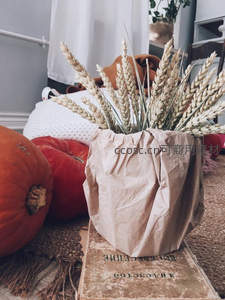 纸袋装干麦穗与南瓜，秋日家居装饰