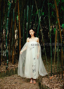 白衣女子立竹林，诗意悠然