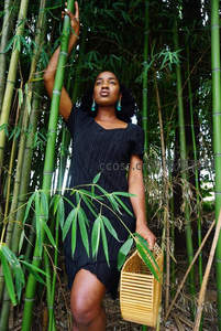 竹林漫步提篮女，手触竹竿笑容恬淡