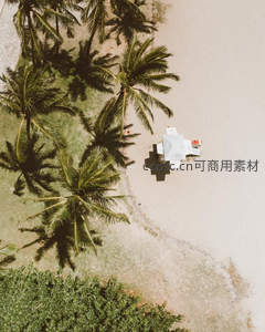 航拍视角下的椰林沙滩与白色小屋