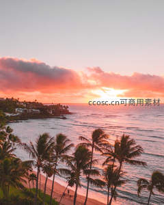 热带海岸日落时分，粉红云霞染透海天一色