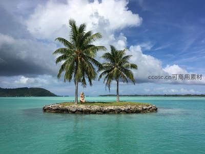 碧海蓝天间孤岛上的双椰树与休憩人影