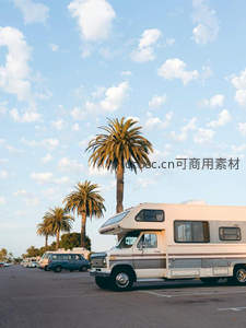 棕榈树下房车停泊，蓝天白云度假时光