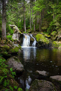 森林深处瀑布飞流直下入深潭