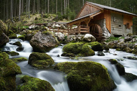 溪流旁的古朴木屋与青苔石