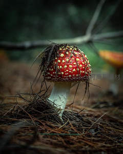 松针缠绕的红顶蘑菇