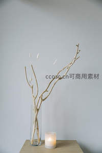 简约桌面的干枝与烛光相伴