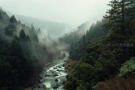 薄雾笼罩山谷溪流蜿蜒穿过茂密森林