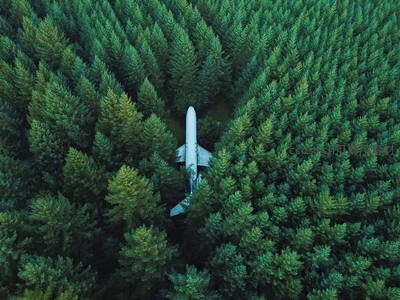 航拍视角下的森林绿海与白色飞机