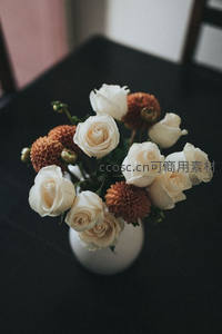 白色玫瑰与橙色菊花，静谧桌景