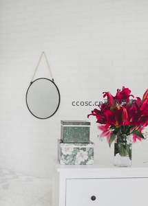 白色柜上红百合与绿盒的静谧角落